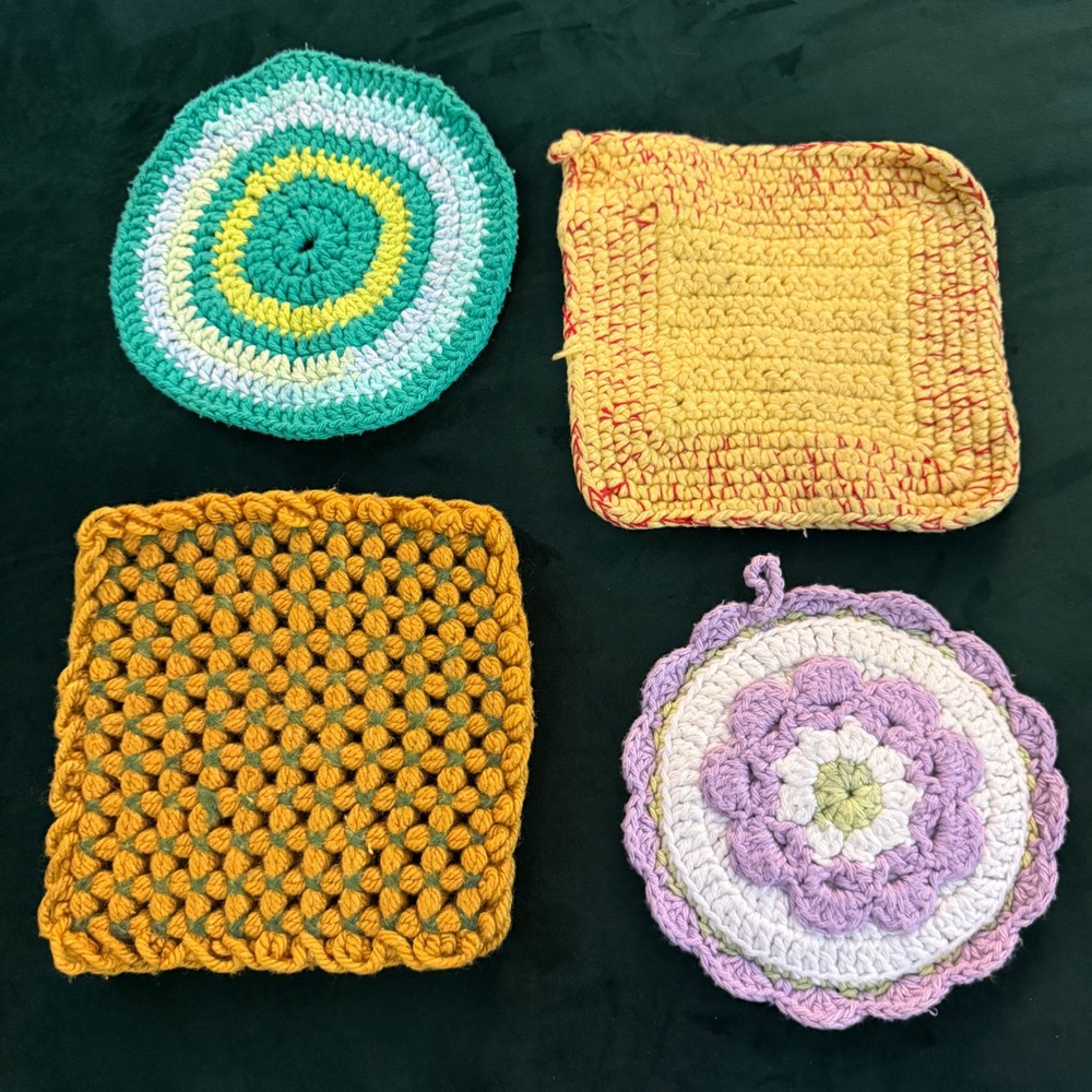Vintage Handmade Crochet Potholder Trivet Set‎ Multi Color Cotton Kitchen Decor